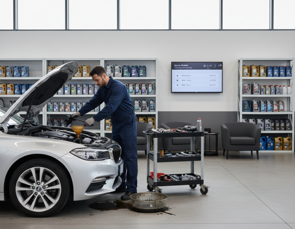 A clean and well-lit automotive service station, focusing on the foreground with an oil change service in progress. A mechanic, dressed in professional blue coveralls, is shown attentively changing the oil of a modern sedan, tools neatly organized beside him. In the middle ground, a waiting area features a digital display showing the scheduled service times, emphasizing convenience. The background highlights shelves stocked with oil and maintenance products, creating an atmosphere of efficiency and professionalism. Soft, natural lighting filters through the large windows, illuminating the scene and enhancing the welcoming ambiance. The composition captures a sense of organized motion and expertise, reflecting the modern approach to car maintenance services.