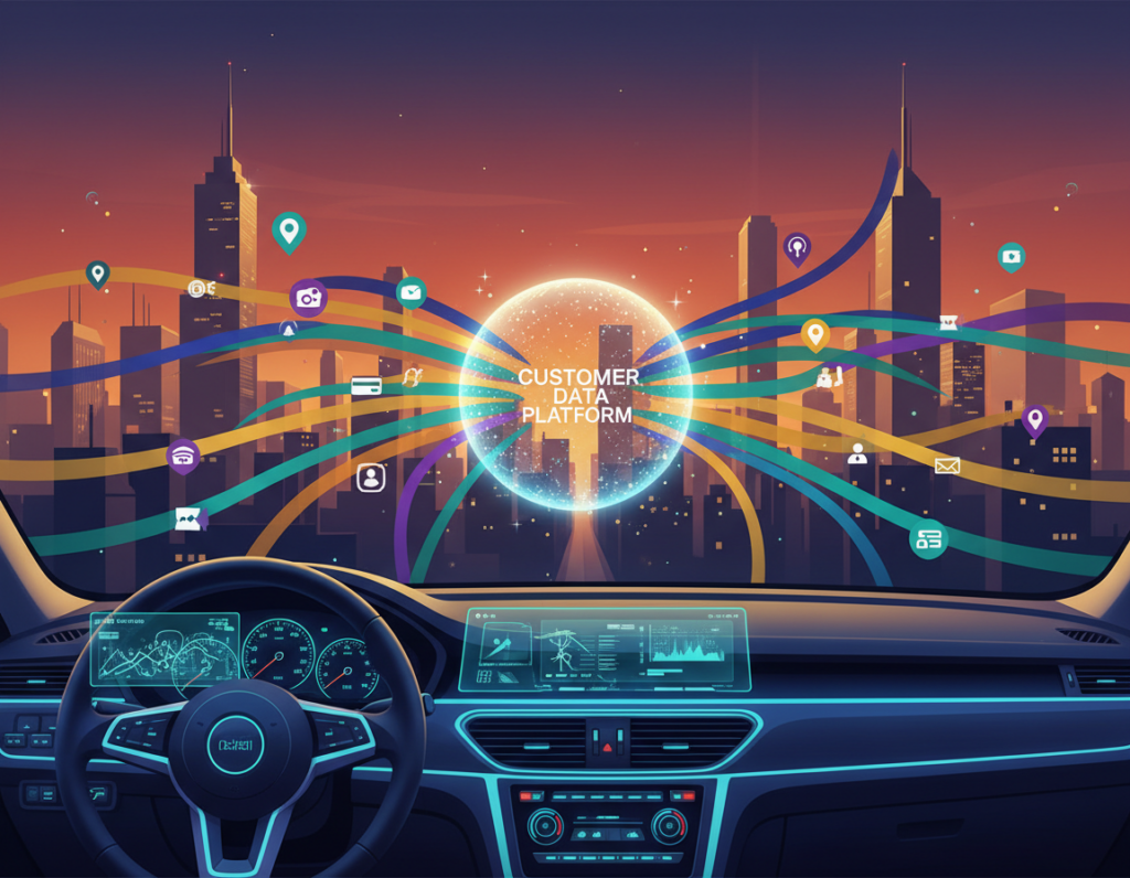 A digital illustration representing the concept of a Customer Data Platform (CDP) unifying automotive customer data. In the foreground, an abstract representation of a sleek, modern car dashboard illuminated by soft blue and green LED lights, symbolizing advanced technology. In the middle ground, data streams are visualized as colorful waves of information flowing towards a central nexus, representing the CDP. The background features a city skyline at dusk, enhancing the futuristic atmosphere, with softly glowing buildings and a warm orange sky, signifying innovation in the automotive industry. The image should be bright and visually engaging, showcasing the interconnectedness of data in a professional and modern context, evoking a sense of progress and improvement in driver experience.