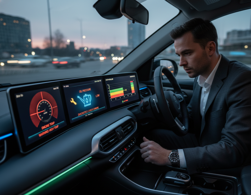 A modern car dashboard displaying real-time alerts for engine health, showcasing various indicators like temperature, oil pressure, and diagnostics in vibrant colors. The foreground features a sleek dashboard interface with high-resolution digital screens, illuminated by soft blue and green ambient lighting that conveys a high-tech feel. In the middle ground, a driver, dressed in professional business attire, is intently observing the dashboard. The background displays a blurred cityscape, suggesting the vehicle is in motion. The angle is slightly tilted from above, emphasizing the interaction between the driver and the dashboard. The atmosphere is focused and analytical, reflecting the importance of safety and vehicle performance in driving experience.