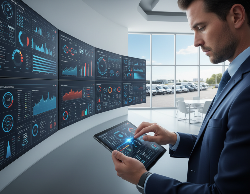 A modern fleet diagnostics monitoring center, featuring advanced digital screens displaying real-time data analytics and vehicle health metrics. In the foreground, a professional technician in smart business attire observes a sleek tablet, comparing vehicle performance statistics. The middle ground showcases a wall of high-tech monitors with colorful graphs and icons showing diagnostic alerts and fleet status. In the background, a panoramic window reveals a fleet of diverse vehicles parked outside, highlighting a sunny day. The lighting is bright and focused, emphasizing the high-tech environment. The atmosphere conveys a sense of innovation and efficiency, reflecting the future of remote diagnostics in modern vehicles, with an emphasis on quick decision-making and operational uptime.