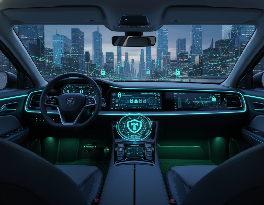 A futuristic vehicle interior, showcasing advanced cybersecurity measures. In the foreground, a sleek dashboard displays secure communication systems with illuminated digital locks and cryptographic symbols. In the middle ground, a holographic trust anchor appears, representing secure authentication methods, positioned above a touchscreen interface. The background features a cityscape viewed through the windshield, with a high-tech, abstract representation of data flow and secure connections visually evident in the air. The lighting is dynamic, with a cool blue and green aesthetic, creating a high-tech, secure atmosphere. The image captures modernity and innovation, emphasizing the critical components of cybersecurity in connected vehicles.