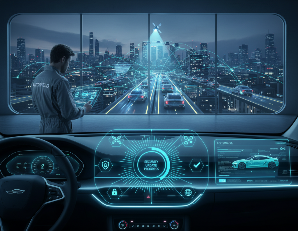 A high-tech visual representation of "security OTA updates" in modern connected vehicles. In the foreground, a sleek vehicle dashboard displays a digital interface, showcasing a progress bar for an ongoing over-the-air update, surrounded by glowing icons representing cybersecurity measures like firewalls and encrypted data. The middle ground features a mechanic in professional attire, intently studying a tablet that shows real-time data about vehicle software statuses. In the background, a cityscape with connected cars and digital signals emphasizes the modern technological landscape. The lighting is cool and futuristic, with blue and green tones illuminating the scene, creating a mood of innovation and security. The image should capture the essence of reliability and cybersecurity in vehicle update systems.