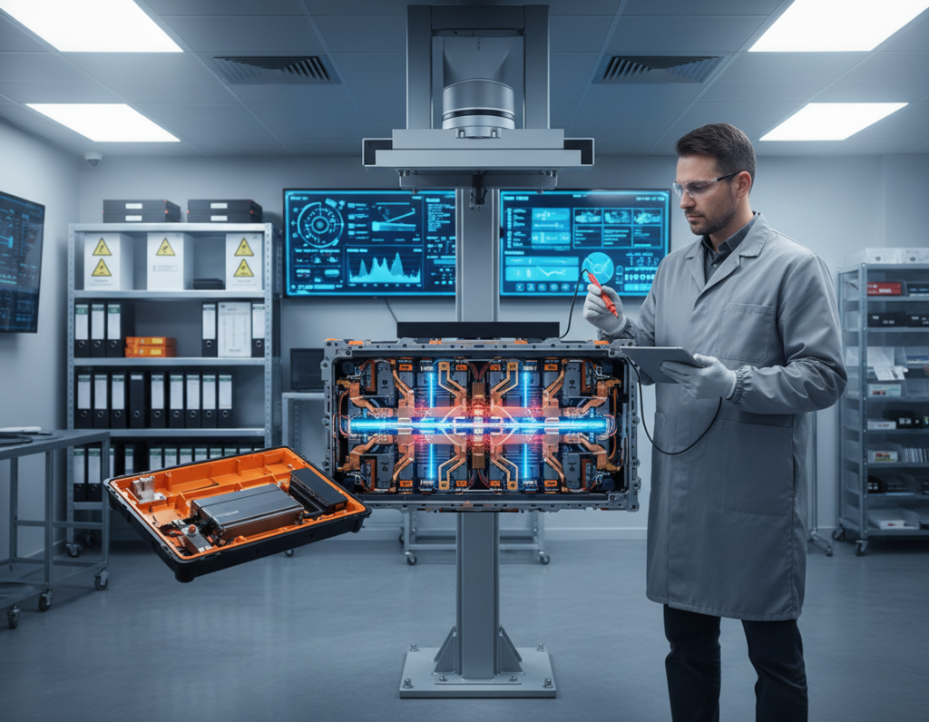 A modern electric car battery being inspected in a well-lit, high-tech workshop. In the foreground, a technician dressed in professional attire is carefully examining a lithium-ion battery pack with tools and safety equipment. The middle layer reveals advanced thermal management systems, displaying vivid cooling fins and temperature sensors integrated into the battery. In the background, blurred shelves filled with battery safety labels, compliance documents, and diagnostic screens showing data analytics on battery performance. The lighting is bright and focused, highlighting the intricate details of the battery components, creating a clean and safe atmosphere. The mood conveys professionalism and technological advancement in battery safety and efficiency.