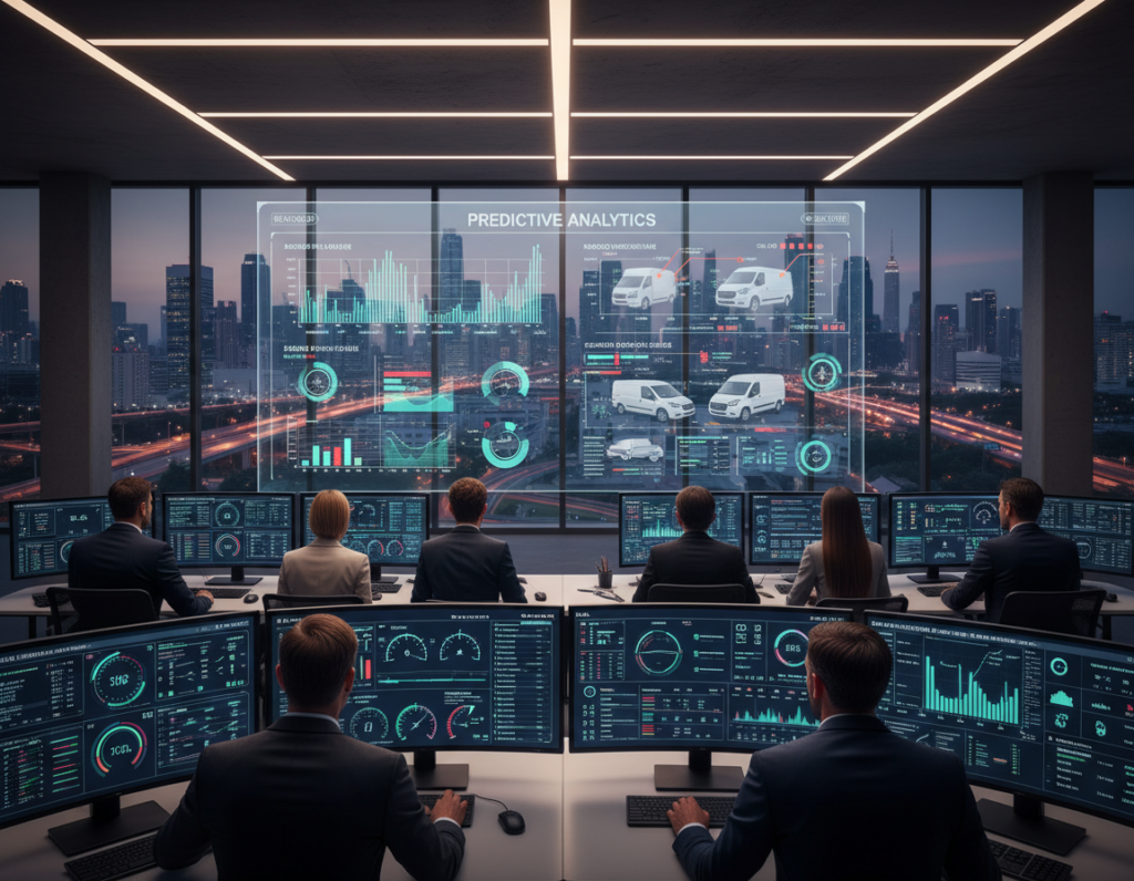 A modern fleet management control room, bustling with activity, capturing the essence of predictive maintenance solutions. In the foreground, a diverse group of professionals in business attire, intently analyzing digital dashboards displaying real-time data on vehicle performance and health metrics. The middle ground features a large screen with complex graphs and alerts that illustrate predictive analytics, alongside images of various fleet vehicles like trucks and vans. In the background, a cityscape can be seen through large windows, emphasizing connectivity and technology. The scene is illuminated by soft, focused lighting, creating a professional yet dynamic atmosphere. Shot from a slightly elevated angle to capture both the humans and technology, conveying an innovative and forward-thinking environment.