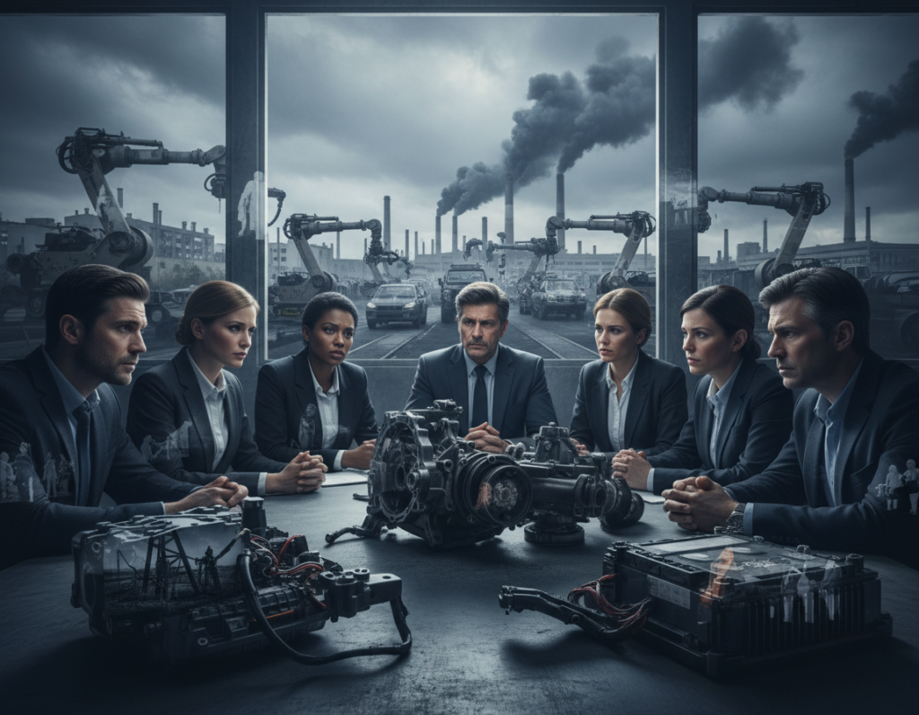 A powerful visual representation of human rights and environmental risks within the automotive supply chain. In the foreground, a diverse group of professionals in business attire, including men and women of various ethnicities, discuss around a table filled with car parts and battery components. In the middle ground, heavy machinery and vehicles symbolize industrial production, contrasted by images of conflict and environmental degradation subtly integrated into the surfaces of these materials. The background depicts a factory setting with smoke rising against a cloudy sky, symbolizing pollution. Utilize dramatic lighting to create a sense of urgency and tension, using a slightly lower angle to emphasize the professionals’ engagement and concerns. The overall mood should be serious and reflective, highlighting the critical intersection of human rights and the automotive industry.