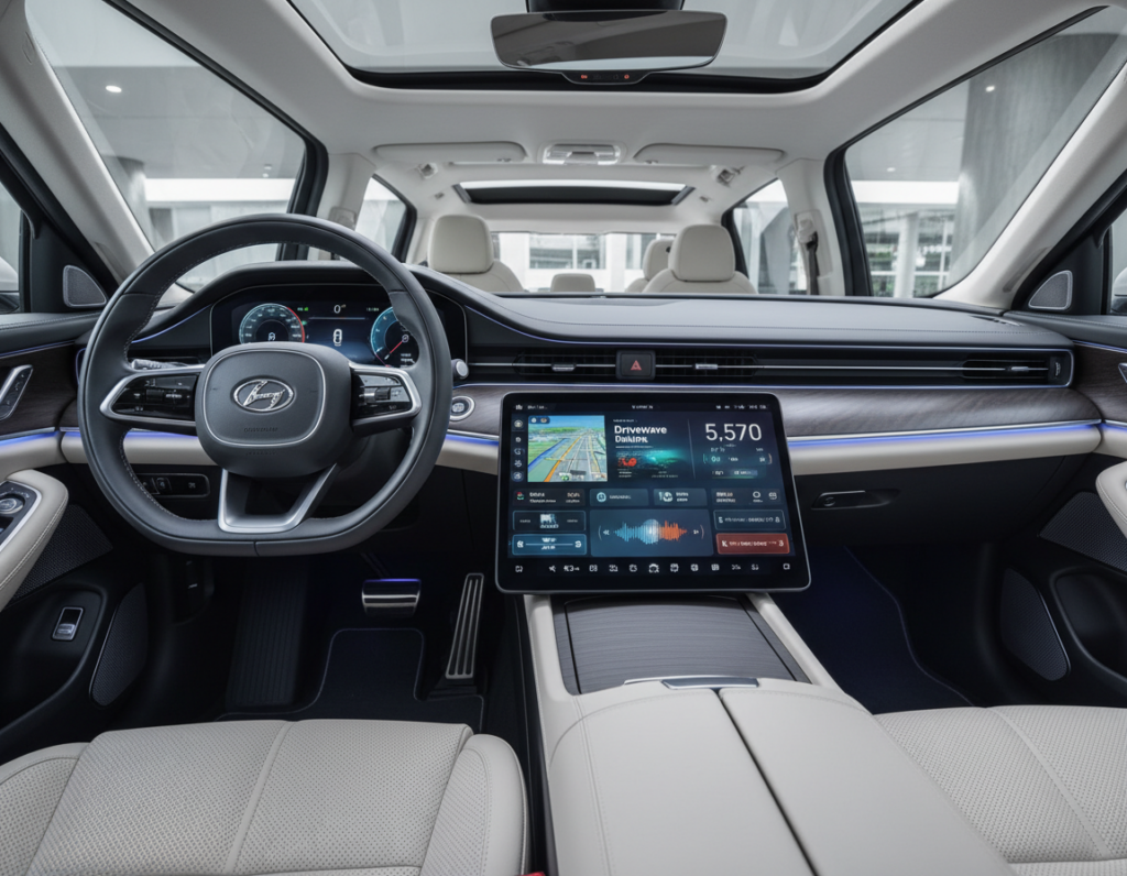 A sleek and modern car interior showcasing an advanced infotainment system. In the foreground, a high-resolution touchscreen display features vibrant, interactive graphics displaying navigation, music, and vehicle diagnostics, reflecting the latest technology. In the middle ground, a stylish steering wheel integrates touch-sensitive controls and voice recognition buttons, while ambient lighting adds a futuristic glow. The background reveals a panoramic view of the vehicle's spacious cabin, designed with premium materials and textures, enhancing the luxury feel. Soft, natural light filters through tinted windows, creating a calm and inviting atmosphere. The image captures a sense of innovation and sophistication, exemplifying the intelligence of modern infotainment systems. The angle is slightly elevated, offering a comprehensive view that invites viewers to experience the smart features firsthand.