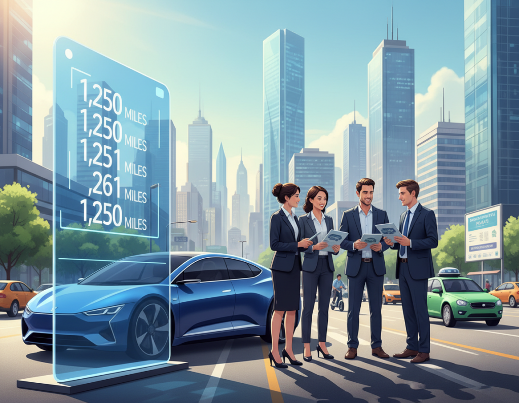 A visually striking illustration depicting the concept of "mileage" within the context of car subscription services. In the foreground, a sleek, modern car is parked next to a digital mileage display screen showcasing numbers rolling, symbolizing tracked mileage. In the middle ground, a diverse group of young adults in professional attire are engaged in discussion, looking at brochures and digital devices, highlighting the interest in subscription services. The background features a cityscape with vibrant, active streets, conveying a sense of modern urban life. Bright, natural lighting and a slightly elevated view lend a dynamic feel, suggesting both opportunity and excitement. The overall mood is informative and contemporary, striking a balance between professionalism and accessibility. A visually striking illustration depicting the concept of "mileage" within the context of car subscription services. In the foreground, a sleek, modern car is parked next to a digital mileage display screen showcasing numbers rolling, symbolizing tracked mileage. In the middle ground, a diverse group of young adults in professional attire are engaged in discussion, looking at brochures and digital devices, highlighting the interest in subscription services. The background features a cityscape with vibrant, active streets, conveying a sense of modern urban life. Bright, natural lighting and a slightly elevated view lend a dynamic feel, suggesting both opportunity and excitement. The overall mood is informative and contemporary, striking a balance between professionalism and accessibility.