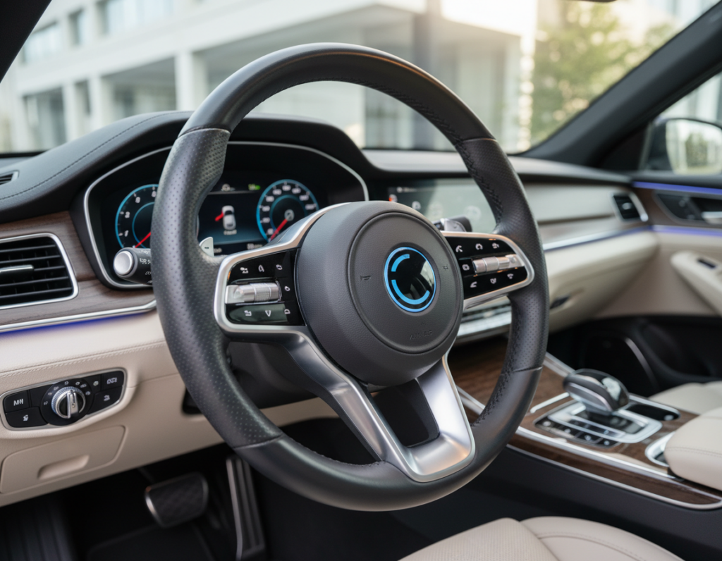 A detailed close-up of a modern car steering wheel control, showcasing its intricate design and functionality. The foreground features a highly textured leather steering wheel with integrated buttons and a sleek finish, emphasizing comfort and grip. The middle ground includes a dashboard with gauges subtly illuminated by soft ambient lighting, enhancing the high-tech feel. The background reveals a blurred view of an elegant car interior, suggesting a sense of speed and precision. Utilize natural light filtering through the windshield, creating a calm yet focused atmosphere. The camera angle should be slightly tilted for a dynamic perspective that draws attention to the steering components and their relationship to vehicle stability, reflecting engineering excellence and advanced suspension geometry.