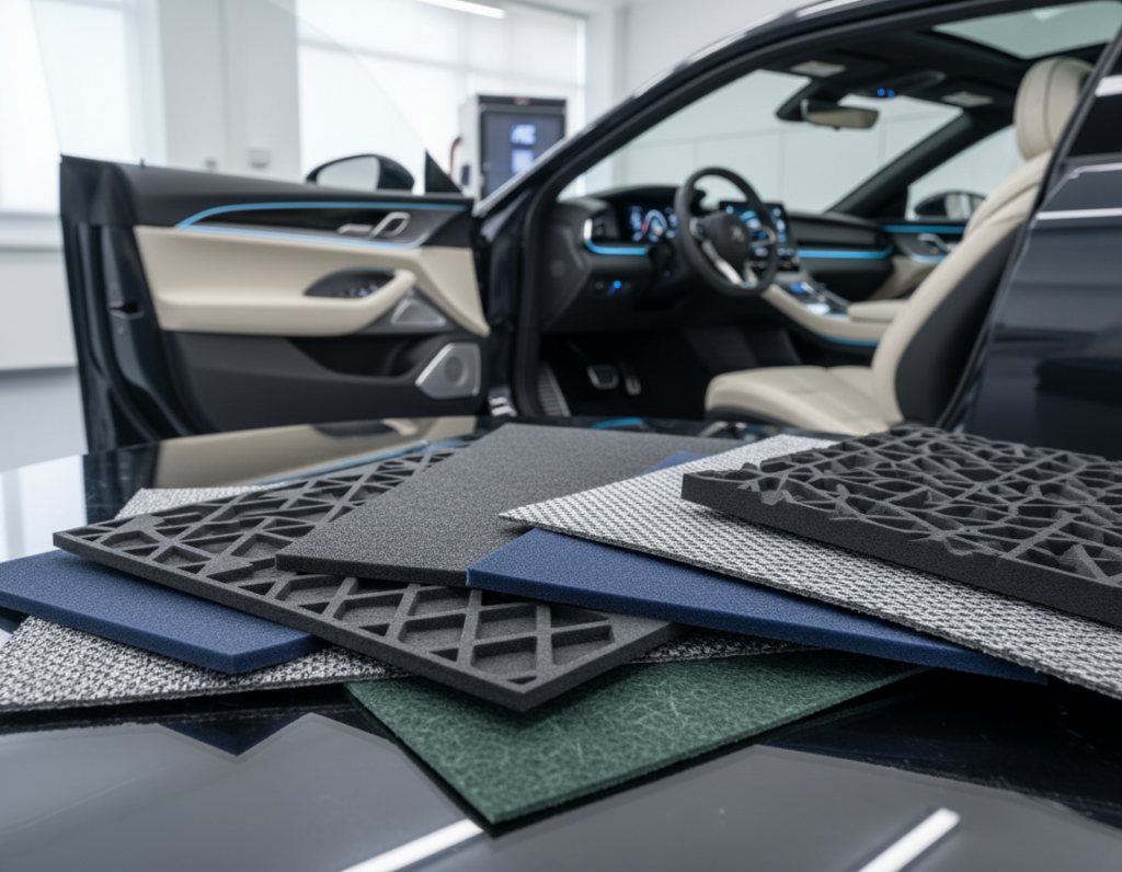 A detailed close-up of innovative road noise control materials, such as acoustic foam panels and sound-absorbing composites, artistically arranged on a smooth, reflective surface. The foreground features textured layers of these materials, showcasing their unique designs and colors, emphasizing their sound-dampening properties. In the middle ground, a sleek, modern car cabin is partially visible, illustrating their application in real-world settings, with hints of plush seating and advanced dashboard features. The background should be softly blurred, conveying depth and focus on the materials. The lighting is bright yet soft, casting gentle shadows to enhance texture, creating a clean, professional atmosphere that evokes a sense of engineering sophistication and advanced design. A detailed close-up of innovative road noise control materials, such as acoustic foam panels and sound-absorbing composites, artistically arranged on a smooth, reflective surface. The foreground features textured layers of these materials, showcasing their unique designs and colors, emphasizing their sound-dampening properties. In the middle ground, a sleek, modern car cabin is partially visible, illustrating their application in real-world settings, with hints of plush seating and advanced dashboard features. The background should be softly blurred, conveying depth and focus on the materials. The lighting is bright yet soft, casting gentle shadows to enhance texture, creating a clean, professional atmosphere that evokes a sense of engineering sophistication and advanced design.