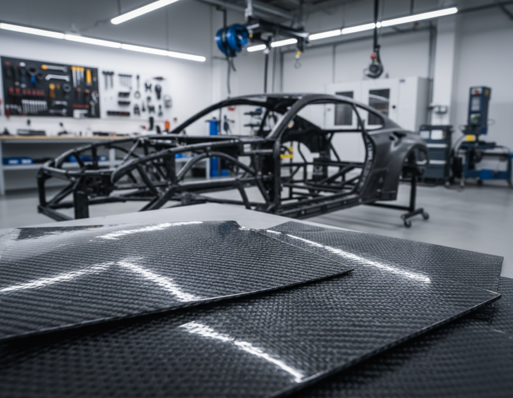 A detailed composition featuring a close-up of carbon fiber surfaces and structures in the foreground, showcasing the intricate weave and texture of the material. In the middle ground, visualize automotive components like a lightweight car chassis and a sleek vehicle body, both highlighting the application of carbon fiber in vehicle engineering. The background should depict a modern workshop setting, with soft, diffused lighting reflecting off metallic surfaces and tools, creating a professional atmosphere. The depth of field should emphasize the carbon fiber details while softly blurring the background elements, evoking a sense of innovation and technological advancement. The overall mood should be one of sophistication and forward-thinking in vehicle design. A detailed composition featuring a close-up of carbon fiber surfaces and structures in the foreground, showcasing the intricate weave and texture of the material. In the middle ground, visualize automotive components like a lightweight car chassis and a sleek vehicle body, both highlighting the application of carbon fiber in vehicle engineering. The background should depict a modern workshop setting, with soft, diffused lighting reflecting off metallic surfaces and tools, creating a professional atmosphere. The depth of field should emphasize the carbon fiber details while softly blurring the background elements, evoking a sense of innovation and technological advancement. The overall mood should be one of sophistication and forward-thinking in vehicle design.