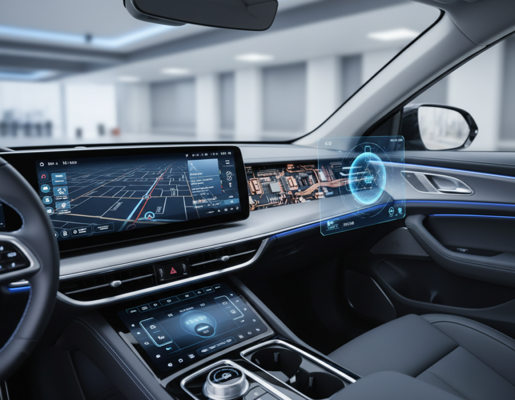 A futuristic digital cockpit featuring a sleek dashboard filled with advanced software displays and touch interface elements. In the foreground, highlight various modern hardware components like a high-definition infotainment screen, integrated control panels with backlit buttons, and a glowing virtual assistant interface. The middle layer showcases intricate circuit boards and microchips that support the digital systems, emphasizing connectivity and performance. The background displays a panoramic view of a modern car interior with ambient lighting in soft blue hues, creating a high-tech atmosphere. Use a perspective shot with a shallow depth of field, focusing on the hardware and software details, while softly blurring the background. The lighting should be bright yet soft, casting gentle highlights on the surfaces, reflecting innovation and sophistication in automotive technology. A futuristic digital cockpit featuring a sleek dashboard filled with advanced software displays and touch interface elements. In the foreground, highlight various modern hardware components like a high-definition infotainment screen, integrated control panels with backlit buttons, and a glowing virtual assistant interface. The middle layer showcases intricate circuit boards and microchips that support the digital systems, emphasizing connectivity and performance. The background displays a panoramic view of a modern car interior with ambient lighting in soft blue hues, creating a high-tech atmosphere. Use a perspective shot with a shallow depth of field, focusing on the hardware and software details, while softly blurring the background. The lighting should be bright yet soft, casting gentle highlights on the surfaces, reflecting innovation and sophistication in automotive technology.