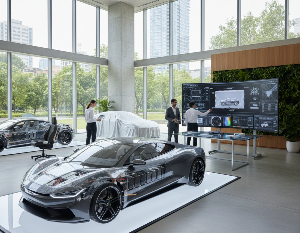 A modern electric vehicle design studio, showcasing a variety of prototypes and safety features. In the foreground, a sleek electric vehicle with a transparent panel revealing its advanced battery technology and structural integrity. Middle ground elements include engineers in professional attire discussing design schematics, analyzing safety data on screens, and collaborating around a conference table. The background features large windows allowing natural light to illuminate the workspace, surrounded by greenery to create a calm atmosphere. The focus is on technological sophistication and a commitment to safety, emphasizing quality and reliability. Use a wide-angle lens to capture a sense of openness and innovation, with balanced lighting to convey a bright, productive environment.