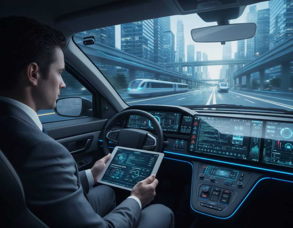 A modern vehicle cockpit showcasing advanced safety standards, featuring an intricate dashboard filled with digital displays and warning indicators. In the foreground, a professional wearing business attire examines a digital tablet displaying compliance data and cybersecurity protocols. The middle layer showcases a futuristic vehicle exterior with sensors and cameras integrated into the design, highlighting cutting-edge safety technology. The background features a sleek urban environment, emphasizing innovation and progress in automotive safety. Soft, ambient lighting enhances the high-tech feel, while a slight depth of field draws focus to the dashboard and the professional. The atmosphere is one of assurance and vigilance, conveying the importance of safety in vehicle design.