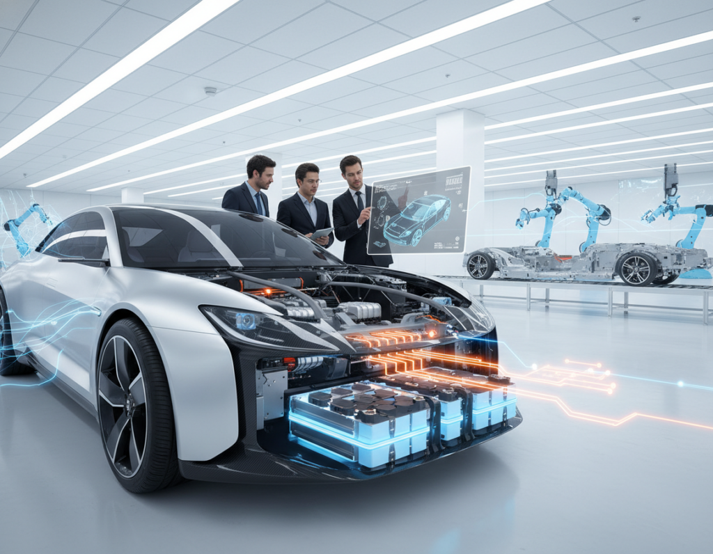 A sleek, modern electric vehicle showcasing integrated battery systems within a modular architecture. In the foreground, intricate battery packs are seamlessly integrated beneath a transparent chassis, revealing advanced power distribution nodes. The midground features engineers in professional business attire collaborating around a digital tablet displaying CAD designs of the vehicle’s modular platform. In the background, a high-tech manufacturing facility with bright, white lighting and robotic arms assembling vehicle components. The scene is captured from a low angle, emphasizing the vehicle’s innovative structure and dynamic energy flow. The atmosphere is one of collaboration and innovation, highlighting the future of automotive manufacturing with a clean, futuristic aesthetic. A sleek, modern electric vehicle showcasing integrated battery systems within a modular architecture. In the foreground, intricate battery packs are seamlessly integrated beneath a transparent chassis, revealing advanced power distribution nodes. The midground features engineers in professional business attire collaborating around a digital tablet displaying CAD designs of the vehicle’s modular platform. In the background, a high-tech manufacturing facility with bright, white lighting and robotic arms assembling vehicle components. The scene is captured from a low angle, emphasizing the vehicle’s innovative structure and dynamic energy flow. The atmosphere is one of collaboration and innovation, highlighting the future of automotive manufacturing with a clean, futuristic aesthetic.