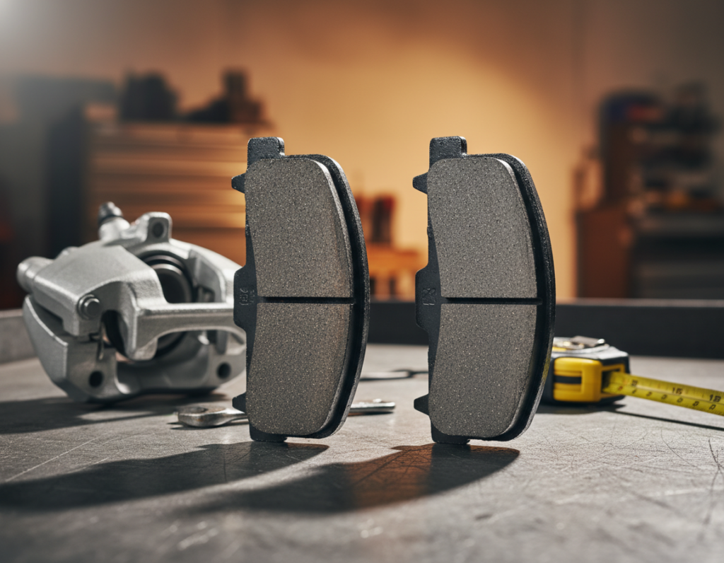 A close-up view of brake pads showcasing their intricate design and texture, emphasizing the friction material and pad backing. The foreground features two brake pads, one partially worn and the other new, highlighting the differences in thickness and surface condition. In the middle ground, tools such as a caliper and a measuring tape are artfully arranged, suggesting the process of checking brake safety. The background is softly blurred to suggest a garage or service bay environment, with warm, focused lighting illuminating the brake pads to create a sense of importance. The mood is serious and technical, reflecting the critical nature of vehicle safety and maintenance. A close-up view of brake pads showcasing their intricate design and texture, emphasizing the friction material and pad backing. The foreground features two brake pads, one partially worn and the other new, highlighting the differences in thickness and surface condition. In the middle ground, tools such as a caliper and a measuring tape are artfully arranged, suggesting the process of checking brake safety. The background is softly blurred to suggest a garage or service bay environment, with warm, focused lighting illuminating the brake pads to create a sense of importance. The mood is serious and technical, reflecting the critical nature of vehicle safety and maintenance.