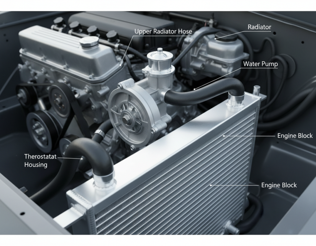 A detailed and technical illustration of a car cooling system, showcasing key components such as the radiator, hoses, water pump, and thermostat in a well-organized layout. In the foreground, highlight the radiator with its metallic fins glistening under bright, natural light, emphasizing the intricate design. In the middle ground, display the connecting hoses and water pump, vividly illustrating their function and placement. The background should include a partially disassembled engine bay to provide context, enhancing the focus on the cooling system. Use a slightly angled perspective to create depth, with soft shadows to add dimension. The overall mood should be professional and educational, conveying a sense of precision and high performance. A detailed and technical illustration of a car cooling system, showcasing key components such as the radiator, hoses, water pump, and thermostat in a well-organized layout. In the foreground, highlight the radiator with its metallic fins glistening under bright, natural light, emphasizing the intricate design. In the middle ground, display the connecting hoses and water pump, vividly illustrating their function and placement. The background should include a partially disassembled engine bay to provide context, enhancing the focus on the cooling system. Use a slightly angled perspective to create depth, with soft shadows to add dimension. The overall mood should be professional and educational, conveying a sense of precision and high performance.